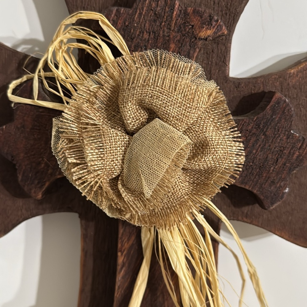 Rustic Brown Wooden Cross with Burlap Flower - Picture 5 of 6